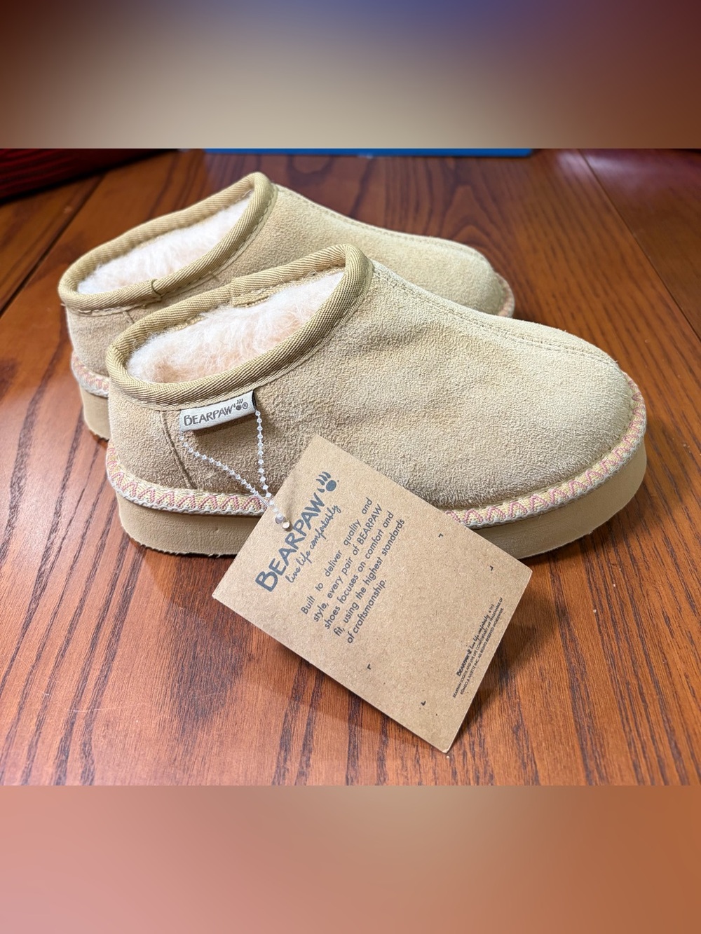 BearPaw Kids Suede Slip-On Slippers in Light Tan with Shearling